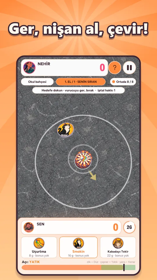 Ger, nişan al, çevir: nişan halkası taso yığınının üstünde · Pull back, aim, flip: the target ring over the stack